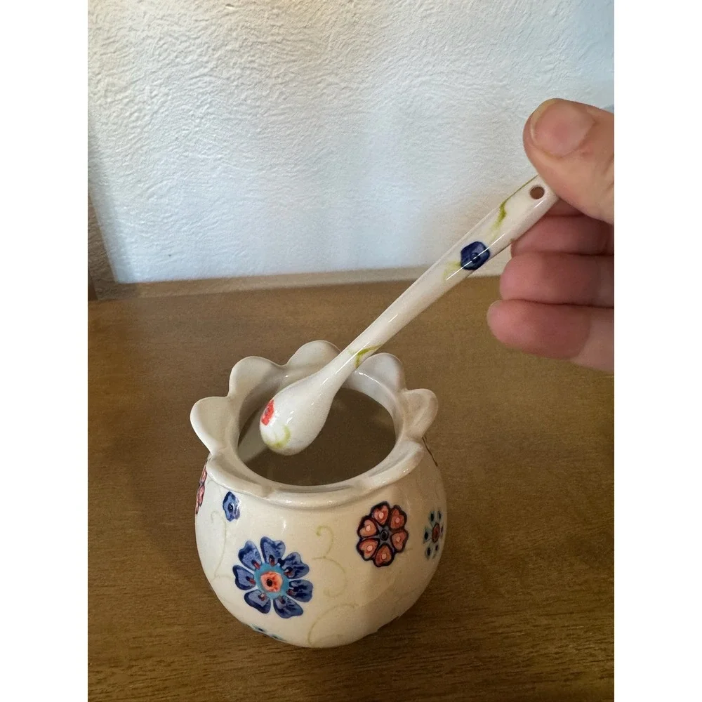 Anthropologie Floral Ceramic Sugar Bowl with Spoon NO LID Floral Design‎